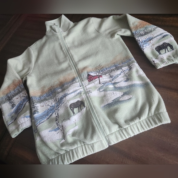 Ladies Med 1990's Tudor Court Winter Scene Zip-Up Sweater - Picture 1 of 9